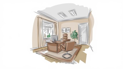 Canvas Print - Modern Office Design Sketch Featuring Desk Chair And Plant