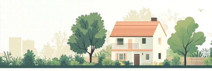Poster - Cozy garden house silhouette with warm atmosphere surrounded by nature during daytime. Generative AI