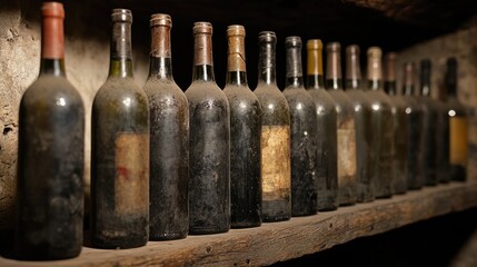 Poster - A row of wine bottles on a rustic wooden rack, bathed in dim, atmospheric light in a cellar, capturing the timeless elegance and care of vintage collections