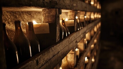 Poster - A row of wine bottles on a rustic wooden rack, bathed in dim, atmospheric light in a cellar, capturing the timeless elegance and care of vintage collections