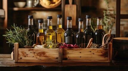 Poster - A rustic gift basket featuring artisanal oils, vinegar bottles, and wooden kitchen tools, elegantly arranged to create the perfect foodie gift