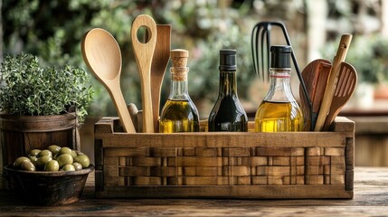 Poster - A rustic gift basket featuring artisanal oils, vinegar bottles, and wooden kitchen tools, elegantly arranged to create the perfect foodie gift