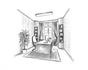 Canvas Print - Hand Drawn Sketch Of A Modern Home Office Room