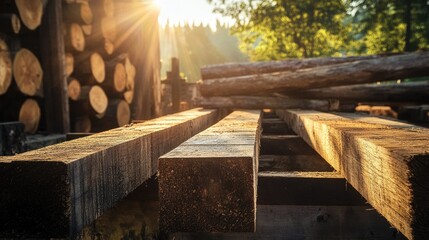 Poster - A rustic lumberyard featuring square beams drying under the sun, framed by rough logs in the background, capturing the beauty of the natural wood