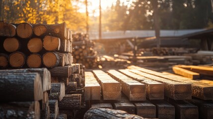 Poster - A rustic lumberyard scene with sun-dried square beams and rough logs in the distance, showcasing the texture and raw beauty of the lumber