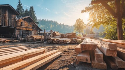 Poster - A rustic lumberyard with square beams drying under the sun, framed by rough logs in the background, highlighting the beauty of raw wood and craftsmanship