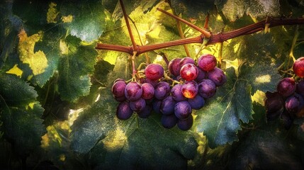 purple and red grapes hanging from a leafy grapevine.