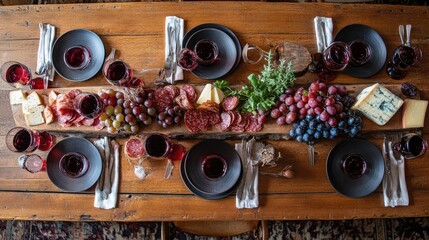 Poster - A rustic wooden table viewed from above, featuring red wine glasses at different fill levels and a charcuterie board with an assortment of cheeses, meats, and fruits