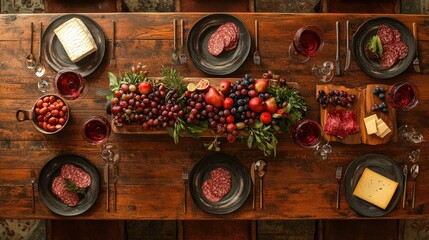 Poster - A rustic wooden table viewed from above, featuring red wine glasses at different fill levels and a charcuterie board with an assortment of cheeses, meats, and fruits