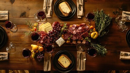 Aufkleber - A rustic wooden table viewed from above, with red wine glasses in various fill levels, surrounded by a charcuterie board of cheeses, meats, and fresh fruits