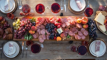 Poster - A rustic wooden table viewed from above, featuring red wine glasses at different fill levels and a charcuterie board with an assortment of cheeses, meats, and fruits