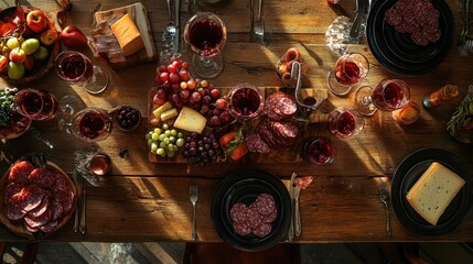 Aufkleber - A rustic wooden table viewed from above, with red wine glasses in various fill levels, surrounded by a charcuterie board of cheeses, meats, and fresh fruits