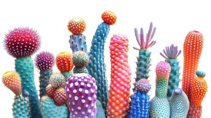 Aufkleber - A set of vibrant cacti with unusual shapes and bright colors, isolated on a pure white background, creating a sharp and captivating visual display