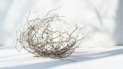Poster - A single tumbleweed resting on a white surface, drawing attention to its delicate, intricate network of dry branches
