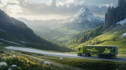 Poster - A sleek green ecological truck cruising through a winding mountain road, emphasizing eco-friendly technology with breathtaking natural surroundings of peaks and valleys