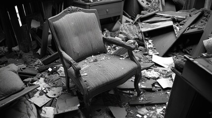 Poster - A solitary chair amidst scattered debris in a cluttered room, capturing the essence of loss, abandonment, and forgotten moments