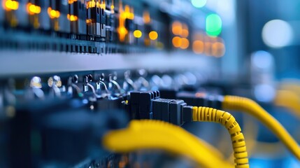 Poster - Close up view of network cables with yellow connectors plugged into a server rack in a data center, creating a network infrastructure with blinking lights in the background