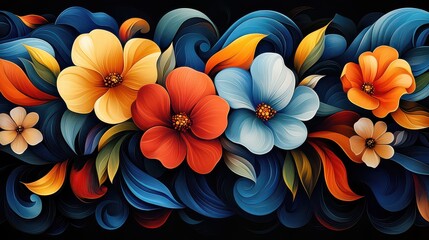 Wall Mural - Vibrant floral seamless pattern with colorful flowers and swirling leaves on dark background.