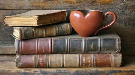 Poster - A stack of aged books on a wooden table, paired with a heart-shaped cup, capturing the essence of nostalgia and cozy, vintage charm