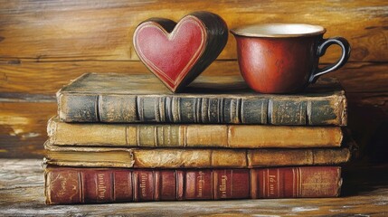 Poster - A stack of aged books on a wooden table, paired with a heart-shaped cup, capturing the essence of nostalgia and cozy, vintage charm