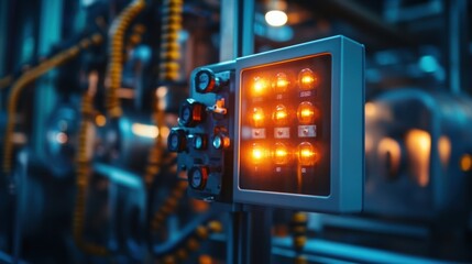 Poster - Illuminated control panel managing complex machinery in a vibrant industrial factory setting, showcasing the automation and technology driving modern manufacturing processes