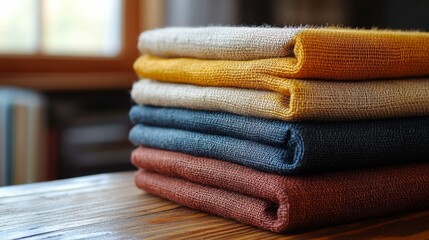 Wall Mural - Stacked colorful linen napkins neatly arranged on a wooden table near a window