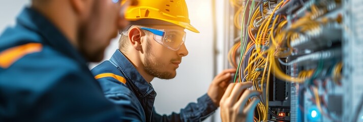 Wall Mural - electrician and engineer work on an electrical circuit with many cables for communication and data transfer