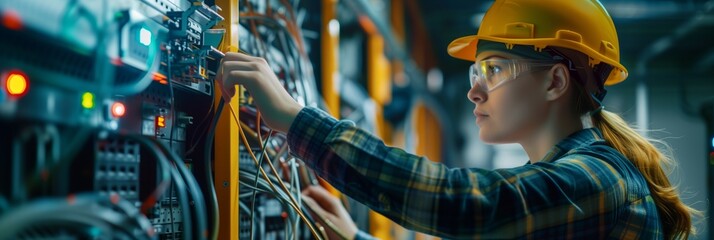 Wall Mural - female electrician and engineer work on an electrical circuit with many cables for communication and data transfer