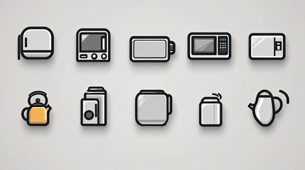 Set of home appliance icons including refrigerator, microwave, kettle, and more