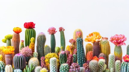 Poster - A stunning composition of bright, uniquely textured cacti against a minimalist white background, designed to bring out their vivid hues and captivating form