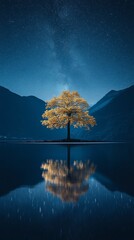 Wall Mural - Starry night reflection of a solitary tree by a calm lake surrounded by mountains