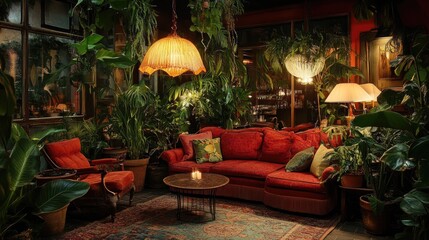Poster - A stylish Parisian biophilic bungalow with lush indoor plants, natural textures, and warm ambient lighting, creating a homely and tranquil environment perfect for relaxation and comfort