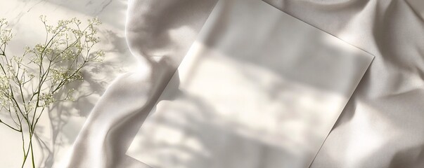 Poster - Empty card mockup on white satin with gypsophila flowers and marble background