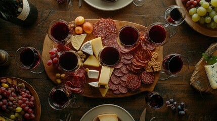 Poster - A top-down view of a rustic table with glasses of red wine in varying levels and a charcuterie board, complete with fresh cheeses, meats, and fruits for a perfect meal