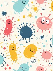 Aufkleber - Cartoon microbes exhibit joyful expressions in a colorful and playful design showing various shapes and sizes. Generative AI