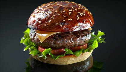 Canvas Print - A close-up shot of a delicious cheeseburger with lettuce, tomato, and melted cheese on a sesame seed bun.