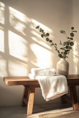 Poster - Luxurious Nordic-inspired spa interior with wooden bench and eucalyptus in natural light