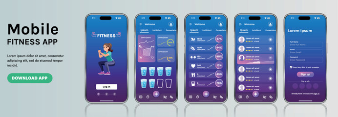 A sleek fitness app interface template featuring responsive design elements, including dashboards, charts, and statistics. Perfect for tracking health, weekly progress, and sports activities