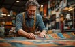 © ArtsybitDesign - Masterful Craftsmanship: A seasoned artisan meticulously examines vibrant fabric, his focused expression reflecting years of expertise and passion for his craft.