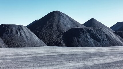 Poster - A vibrant industrial setting with large stockpiles of minerals, ready for shipment, demonstrating active supply chain logistics under bright, clear skies