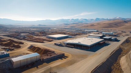 Poster - A vibrant industrial setting with large stockpiles of minerals, ready for shipment, demonstrating active supply chain logistics under bright, clear skies