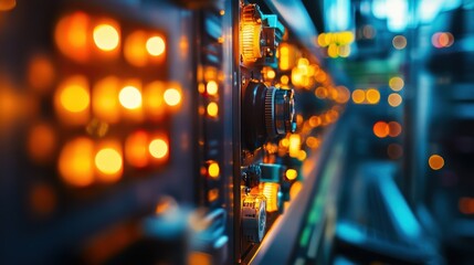 Poster - Close up of industrial control panel with illuminated orange lights and various knobs, suggesting complex machinery operating within a manufacturing environment