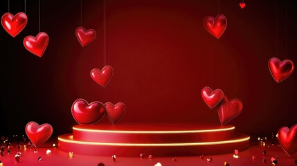 Aufkleber - A vibrant Valentine's Day podium stage with glossy heart-shaped decorations and a glowing light frame, set against a romantic red background, perfect for love celebrations