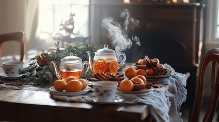 Poster - A warm and inviting winter table set with steaming tea, fresh tangerines, and bundles of cinnamon sticks, evoking a sense of comfort and holiday spirit