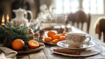 Poster - A warm and inviting winter table set with steaming tea, fresh tangerines, and bundles of cinnamon sticks, evoking a sense of comfort and holiday spirit