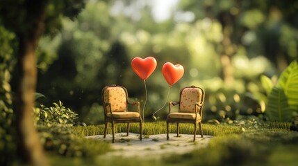 Poster - A whimsical diorama of two chairs with floating heart balloons, nestled in a lush, green park scene, capturing the essence of love and peacefulness in a miniature world