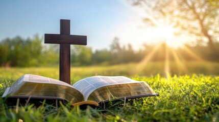 Poster - A wooden cross placed on the pages of an open book in a lush green meadow, bathed in sunlight under a clear blue sky, evoking tranquility and reflection