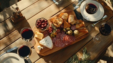 Poster - A wooden table viewed from above, with glasses of red wine, a beautifully arranged charcuterie board with fresh bread, cheese, and olives, creating an elegant setting