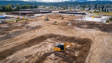Poster - Aerial view of construction machinery at work, digging and leveling the terrain with partially completed structures in the background, capturing the construction process from above