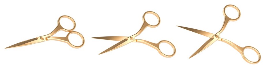 Fototapete - Golden Scissors, set. Opened and closed. 3D rendering isolated on transparent background